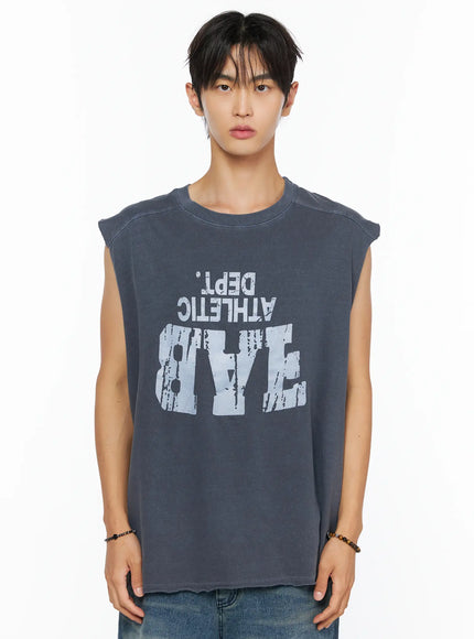 Men's Graphic Sleeveless Shirt IL520 Dark gray close-up front crop shot on model showing faded distressed Athletic Dept graphic print