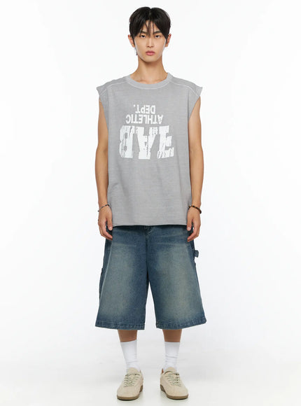 Men's Graphic Sleeveless Shirt IL520 Light gray front full-body model shot standing straight with distressed Athletic Dept graphic print