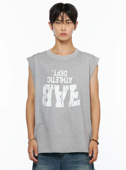 Men's Graphic Sleeveless Shirt IL520 Light gray close-up front crop shot on model highlighting distressed Athletic Dept graphic and neckline