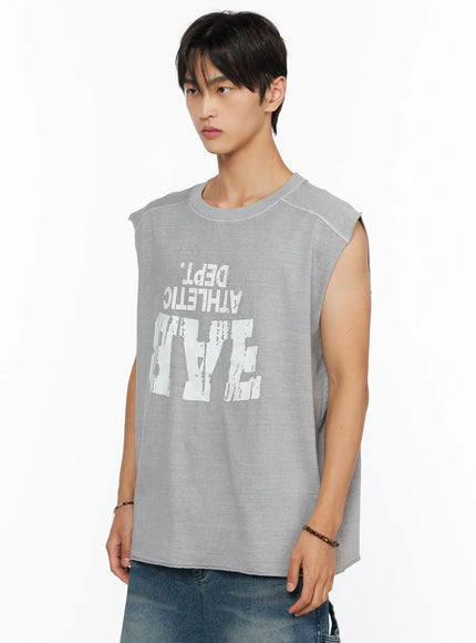 Men's Graphic Sleeveless Shirt IL520 Light gray side shot on model showing sleeveless silhouette and graphic print detail facing left