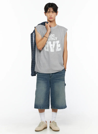 LEWKIN Men's Graphic Sleeveless Shirt IL520 Light gray front full-body shot on model styled with plaid shirt over shoulder and denim shorts
