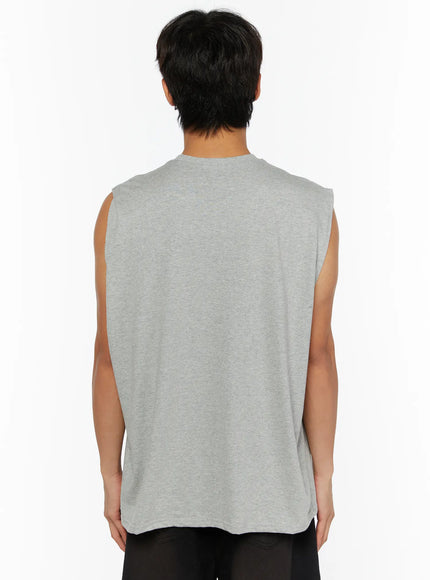 Men's Graphic Sleeveless Tee IL510 Gray back shot on male model showing plain heather gray cotton back panel and rounded neckline silhouette