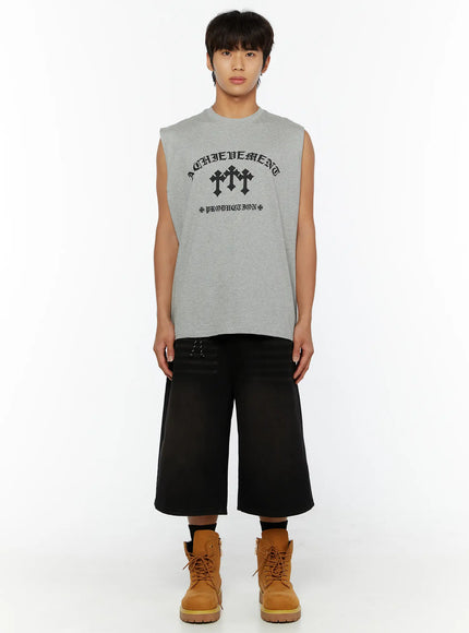 Men's Graphic Sleeveless Tee IL510 Gray front shot on male model standing straight showing ACHIEVEMENT cross graphic print on heather cotton fabric