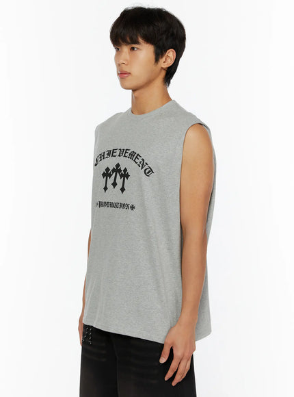 Men's Graphic Sleeveless Tee IL510 Gray side shot on male model showing sleeveless armhole cut and graphic print detail with chain necklace styling