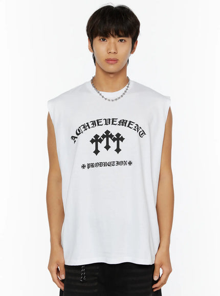Men's Graphic Sleeveless Tee IL510 White front shot on male model showing full graphic print with ACHIEVEMENT triple cross PRODUCTION text and chain necklace styling