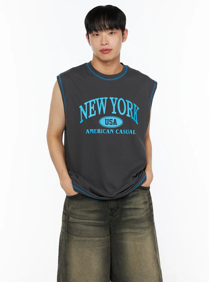 Men's Graphic Sleeveless Tee IL514 charcoal gray front crop shot model hands in pockets blue New York USA American Casual graphic print