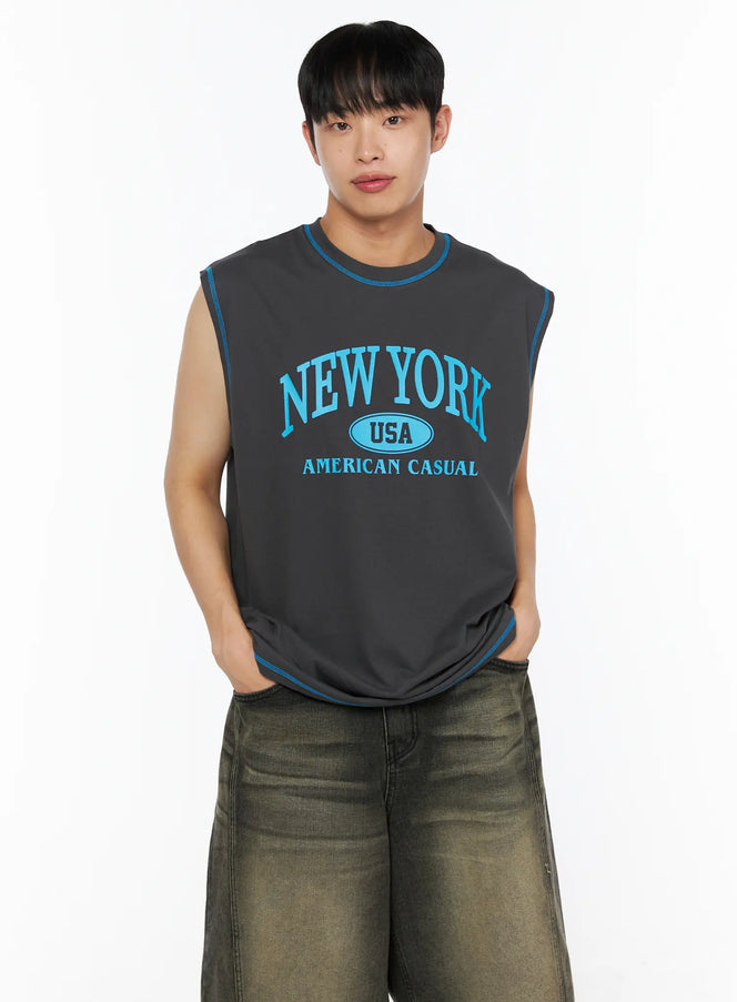 Men's Graphic Sleeveless Tee IL514 charcoal gray front crop shot model hands in pockets blue New York USA American Casual graphic print