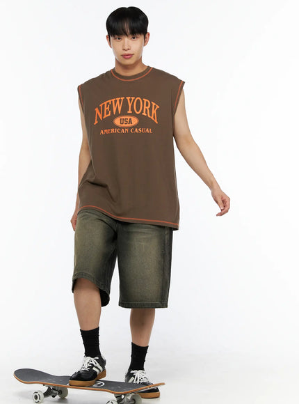 LEWKIN Men's Graphic Sleeveless Tee IL514 Dark green front shot model wearing skateboard pose orange contrast stitching New York USA print