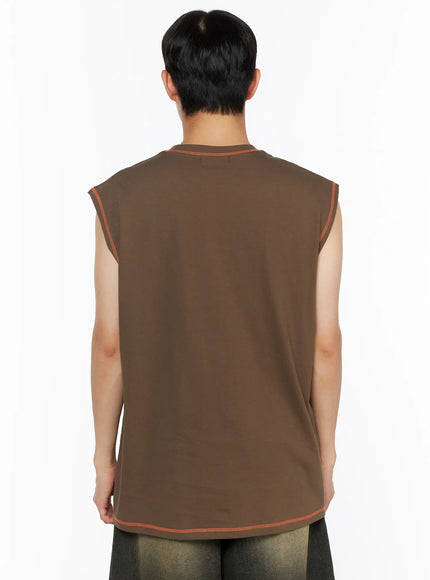Men's Graphic Sleeveless Tee IL514 Dark green back shot model showing plain back panel orange contrast stitching at neckline hem and armhole