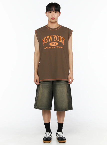 Men's Graphic Sleeveless Tee IL514 Dark green full-body front shot model standing upright orange New York USA American Casual graphic oversized fit