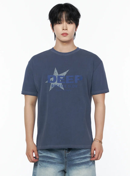 Men's Graphic Star T-Shirt IU523 Blue front crop shot on male model upper body, DEEP BREATHE SLOW star graphic centered on chest, relaxed fit