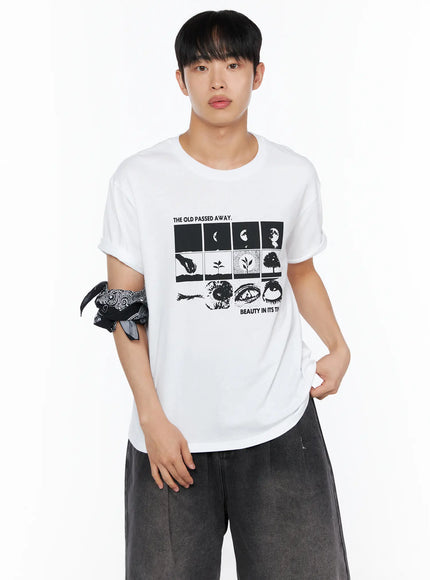 LEWKIN Men's Graphic Tee IL514 White front shot on male model cropped half-body with black nature grid print and bandana accessory on wrist