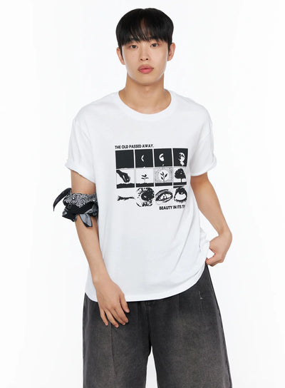 LEWKIN Men's Graphic Tee IL514 White front shot on male model cropped half-body with black nature grid print and bandana accessory on wrist