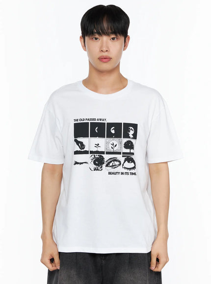 Men's Graphic Tee IL514 White front close-up half-body shot on male model showing black nature grid graphic print and crew neckline