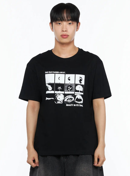 Men's Graphic Tee IL514 Black front half-body shot on male model displaying white grid graphic print with moon plant and eye motifs
