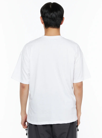 Men's Heart Graphic Tee IL514 White back shot on male model showing plain clean back panel, dropped shoulders and relaxed oversized fit in heavyweight cotton