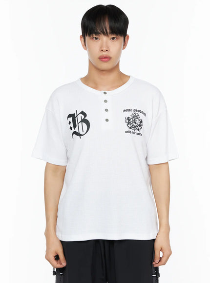 Men's Henley Waffle Tee IL514 in White, size M/L