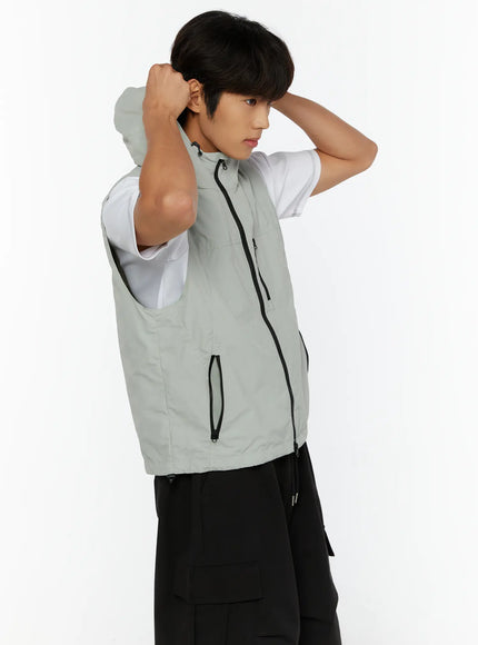 Men's Hooded Zip-Up Vest IL513 Gray close-up back detail of hood showing adjustable drawcord toggle and nylon stitching construction
