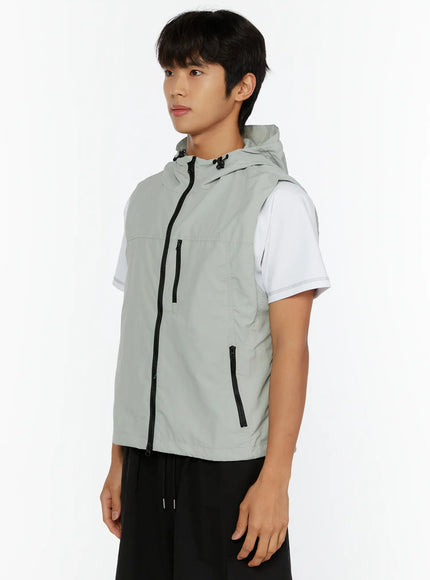 Men's Hooded Zip-Up Vest IL513 Gray back shot on male model showing clean nylon panel hood structure and sleeveless cut