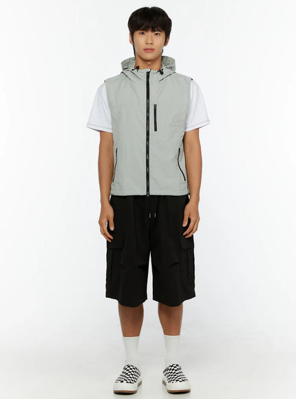 Men's Hooded Zip-Up Vest IL513 Gray three-quarter side shot on male model showing hood drawcord zip closure and side zip pocket