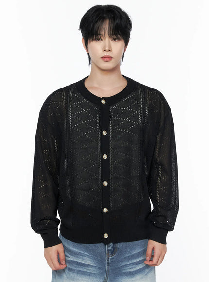 Men's Knit Button-Up Cardigan IU523 in Black, size M/L