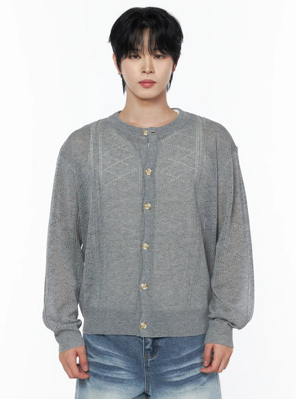 Men's Knit Button-Up Cardigan IU523 Gray front view on male model showing crew neckline, gold buttons, open-knit diamond pattern, and relaxed fit