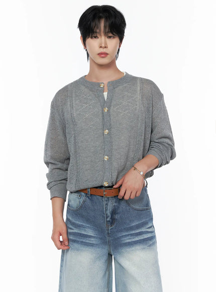Men's Knit Button-Up Cardigan IU523 Gray front view on male model wearing wide-leg jeans and brown belt, pointelle diamond knit texture