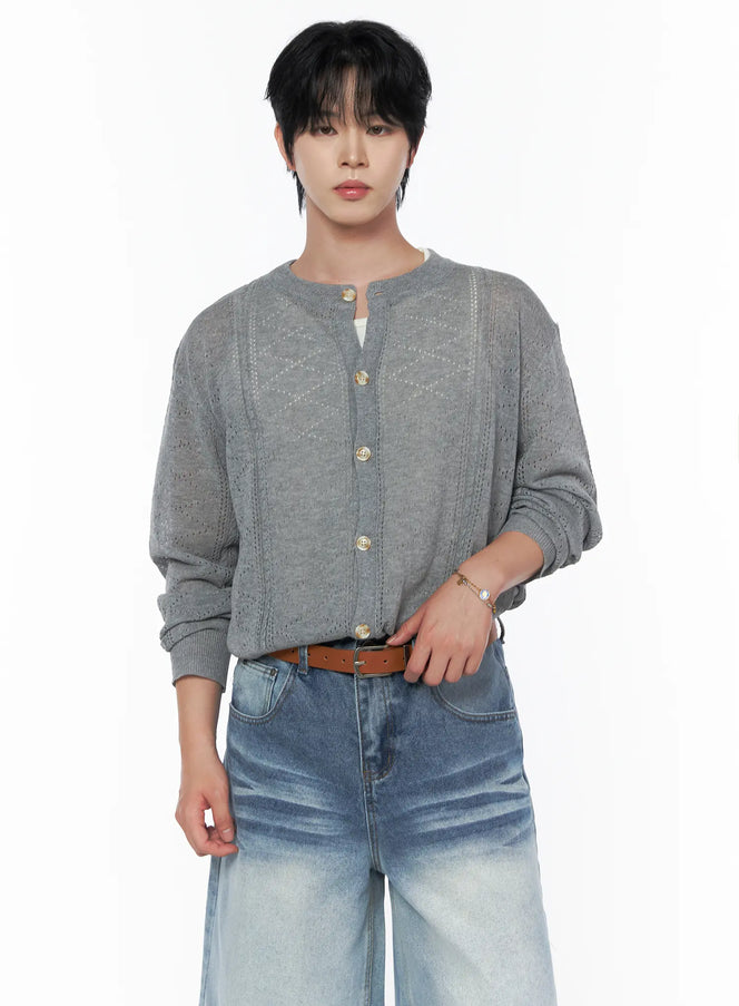Men's Knit Button-Up Cardigan IU523 Gray front view on male model wearing wide-leg jeans and brown belt, pointelle diamond knit texture