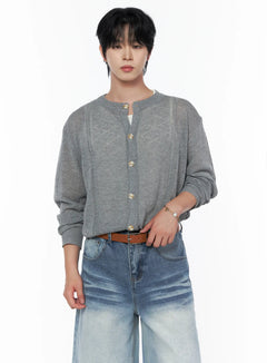 Men's Knit Button-Up Cardigan IU523 Gray front view on male model wearing wide-leg jeans and brown belt, pointelle diamond knit texture