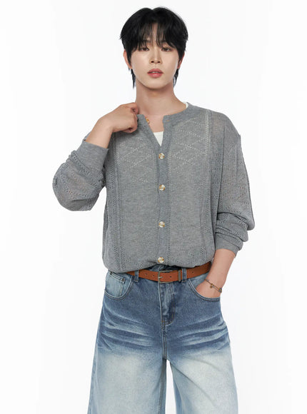 Men's Knit Button-Up Cardigan IU523 Gray half-body front view on male model hand raised to collar showing crew neck and open-knit diamond texture