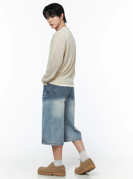 Men's Knit Button-Up Cardigan IU523 Ivory back side view on male model walking pose styled with denim culottes and tan chunky shoes
