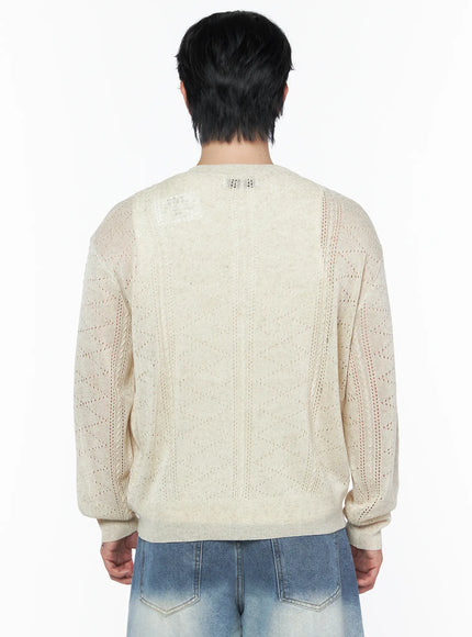 Men's Knit Button-Up Cardigan IU523 Ivory back view on male model showing pointelle diamond knit texture, interior label, and ribbed hem detail
