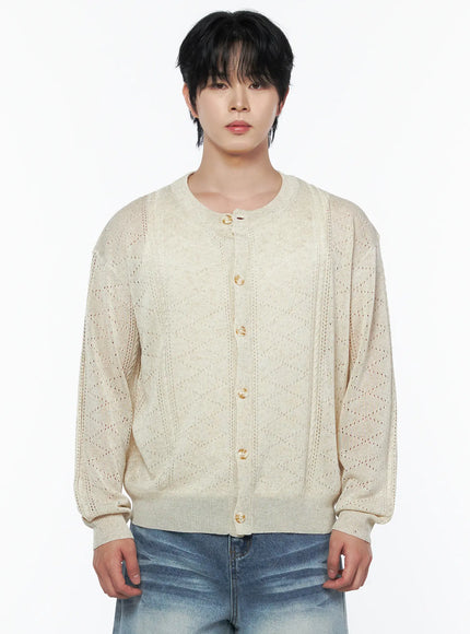 Men's Knit Button-Up Cardigan IU523 Ivory cropped front view on male model showing gold buttons, pointelle diamond knit pattern, and ribbed cuffs
