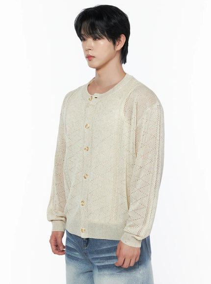Men's Knit Button-Up Cardigan IU523 Ivory side view on male model showing gold button placket and open-knit diamond pattern with relaxed silhouette