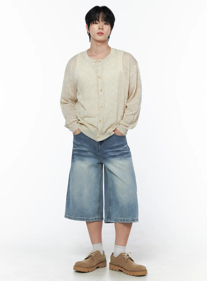 Men's Knit Button-Up Cardigan IU523 in Light beige, size M/L