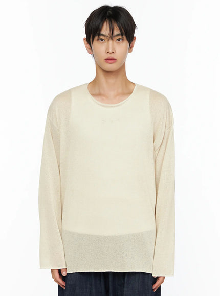 Men's Knit Long Sleeve T-Shirt IL528 in Beige, size M/L