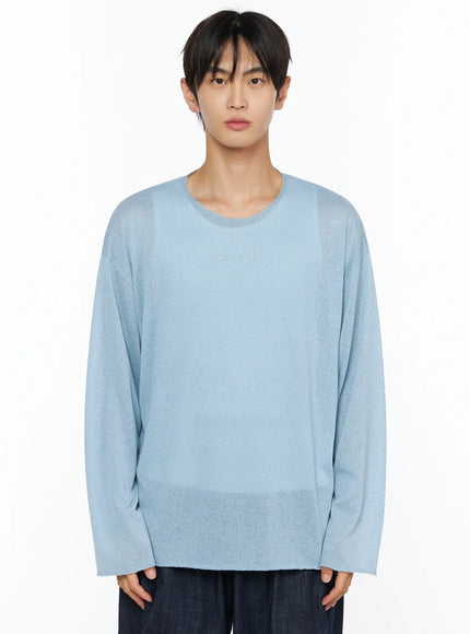 Men's Knit Long Sleeve T-Shirt IL528 Sky Blue front cropped shot on male model showing sheer lightweight knit texture crew neck and semi-transparent hem detail