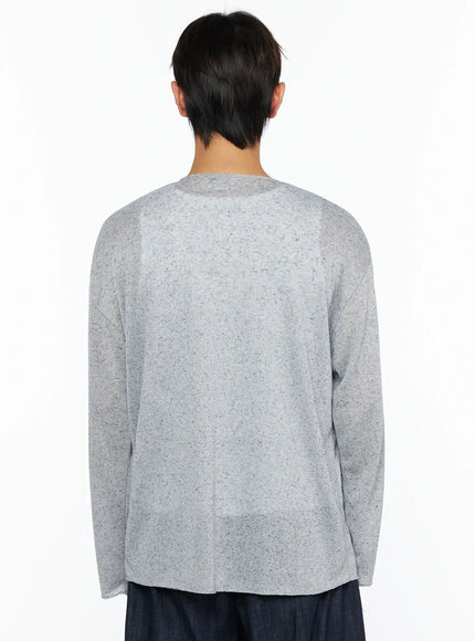 Men's Knit Long Sleeve T-Shirt IL528 Gray back shot on male model standing straight showing rear silhouette speckled sheer lightweight knit with curved hem