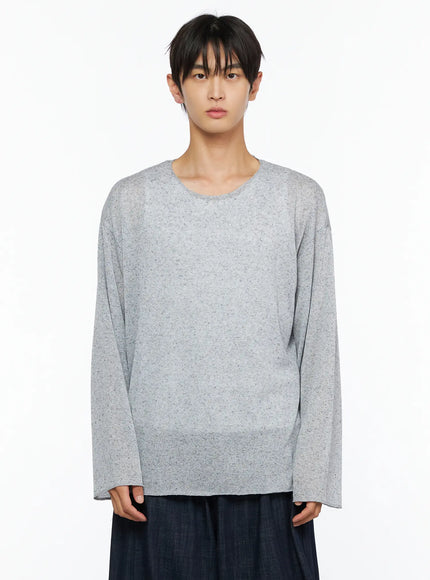 Men's Knit Long Sleeve T-Shirt IL528 Gray cropped front shot on male model close-up showing speckled melange knit texture crew neckline and wide sleeve detail