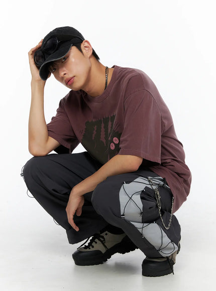 LEWKIN Men's Lace-Up Track Pants (Dark Gray) IL514 dark gray front close-up shot on model showing wide-leg silhouette, elastic waist, and gray contrast side panel