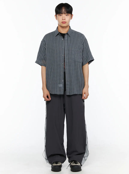 Men's Lace-Up Track Pants (Dark Gray) IL514 dark gray full-length front shot on model wearing white HEART SMILE graphic tee with drawstring bag