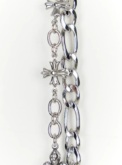 Men's Layered Cross Chain IL509 Silver close-up detail of gothic cross charm and figaro chain links showing polished silver metal texture and dangling pendants