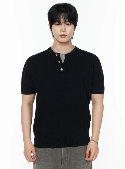 Men's Layered Henley Neck Knit Tee IL502 in Black, size M/L