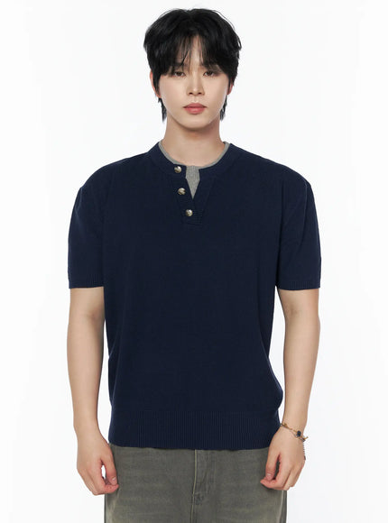 Men's Layered Henley Neck Knit Tee IL502 in Dark blue, size M/L