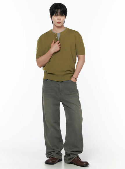 Men's Layered Henley Neck Knit Tee IL502 in Dark green, size M/L