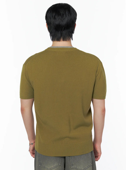 Men's Layered Henley Neck Knit Tee IL502 Khaki back shot on male model standing showing smooth knit back panel gray contrast crew neckline ribbed hem and short sleeve cuffs
