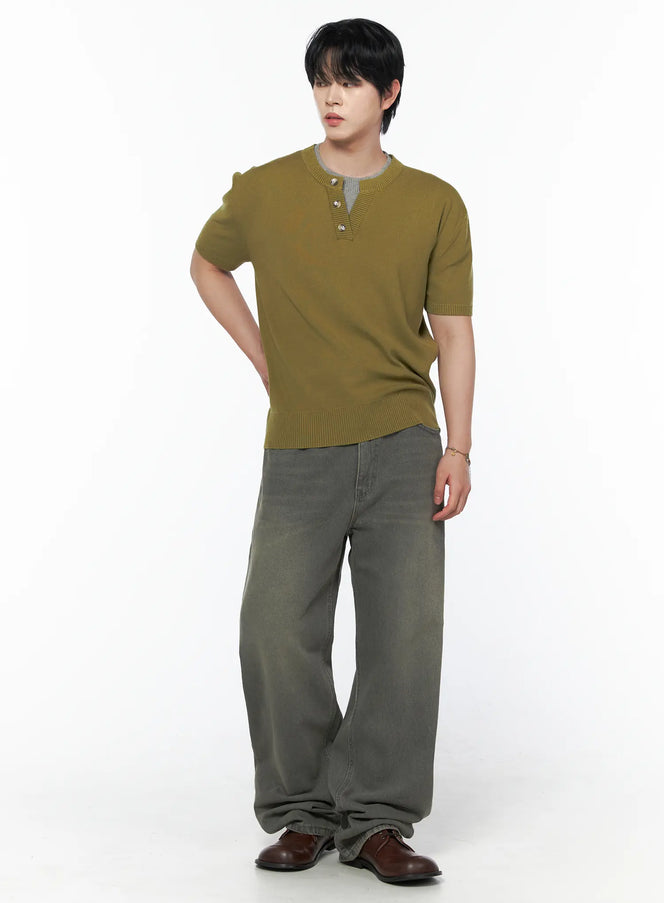 Men's Layered Henley Neck Knit Tee IL502 Khaki full-body front shot on male model angled pose hand on hip styled with gray wide-leg jeans and brown loafers showing overall silhouette