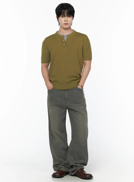 Men's Layered Henley Neck Knit Tee IL502 Khaki full-body front shot on male model hands in pockets casual standing pose showing ribbed hem and layered gray inner collar detail