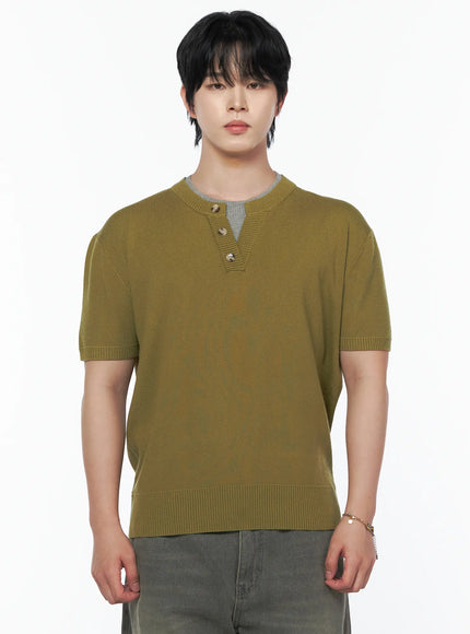 Men's Layered Henley Neck Knit Tee IL502 Khaki close-up front shot on male model from chest up highlighting henley placket with gold buttons gray layered inner collar and soft knit surface