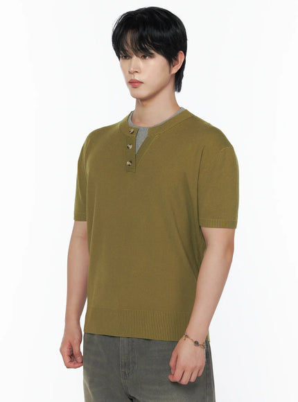 Men's Layered Henley Neck Knit Tee IL502 Khaki side shot on male model upper body close-up highlighting fine knit texture gray contrast inner collar and ribbed cuff detail
